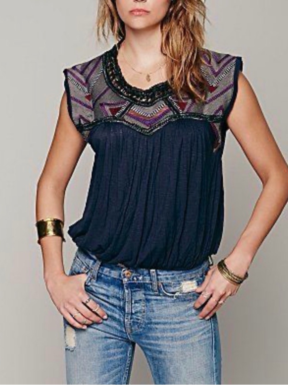 Free People Embroidered Navy Cap-Sleeve Peasant Top S